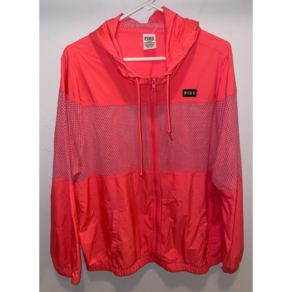 Victoria Secret PINK Jacket Womens M L Mesh Hooded Full Zip Windbreaker Neon